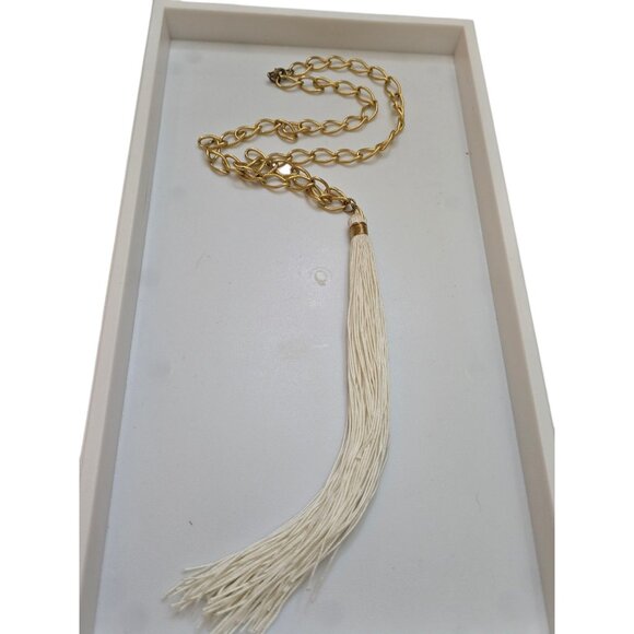 Vintage Signed Bee Charming NOS White Silk Cord Huge Tassel Link Chain Necklace - Picture 1 of 4